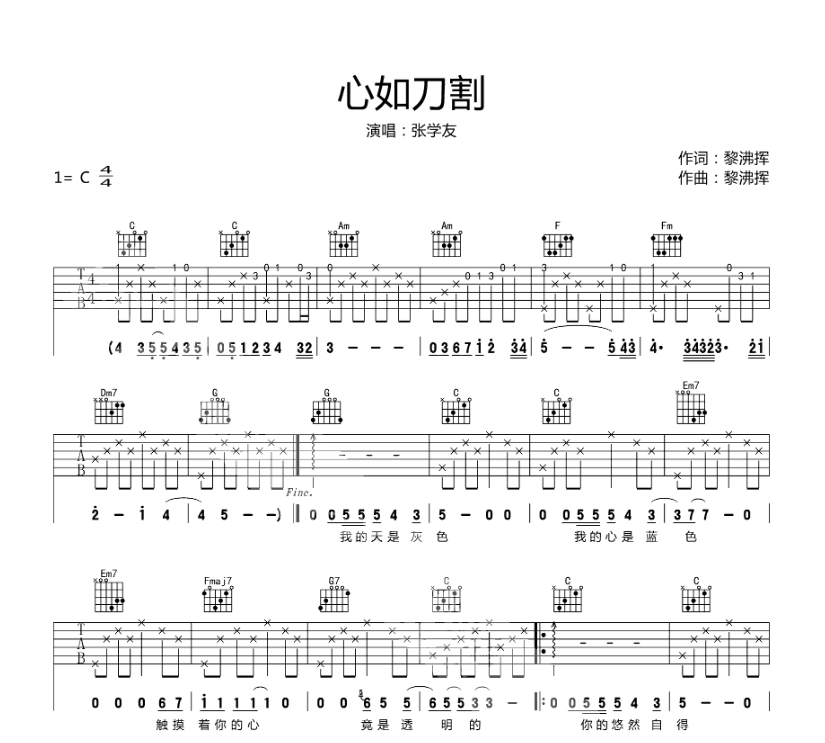 《心如刀割吉他谱》_张学友_C调 图一